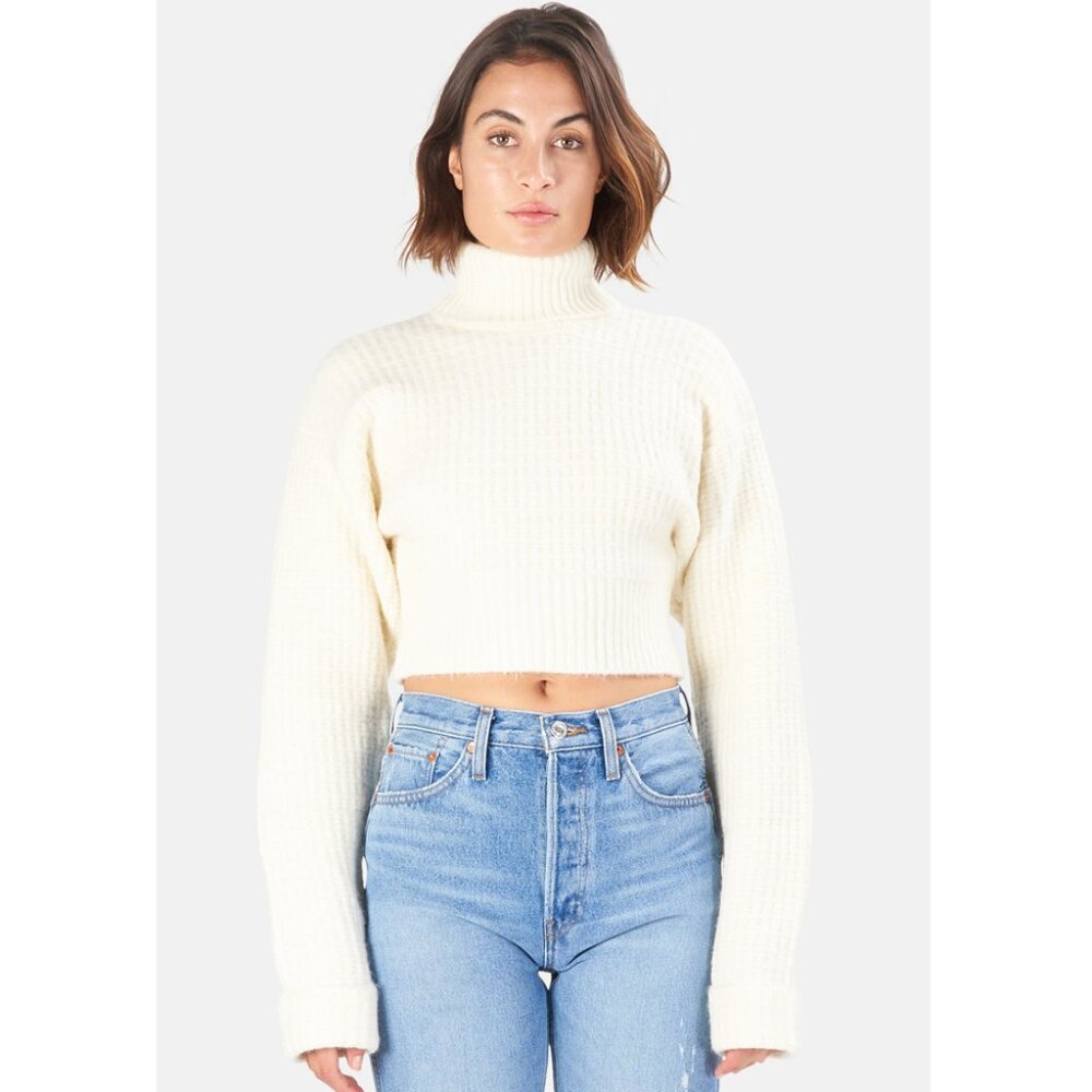 For Love & Lemons Cream Cropped Cozy Knit Turtleneck Sweater